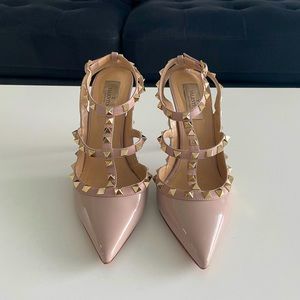 Valentino Patent Rockstud Ankle Strap Pumps in nude.